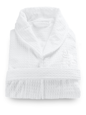 Four Seasons Bath Robe, 100% velour jacquard cotton, white, streamlined tailored fit, double belt-loop, Four Seasons logo embroidered on chest