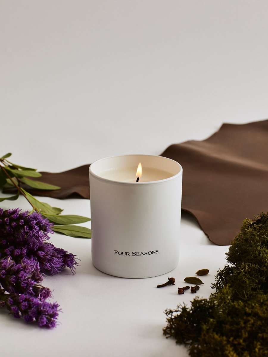 Four Seasons Signature Votive, Country Escape scent, white candle, green foliage and cedarleaf notes, luxury home fragrance