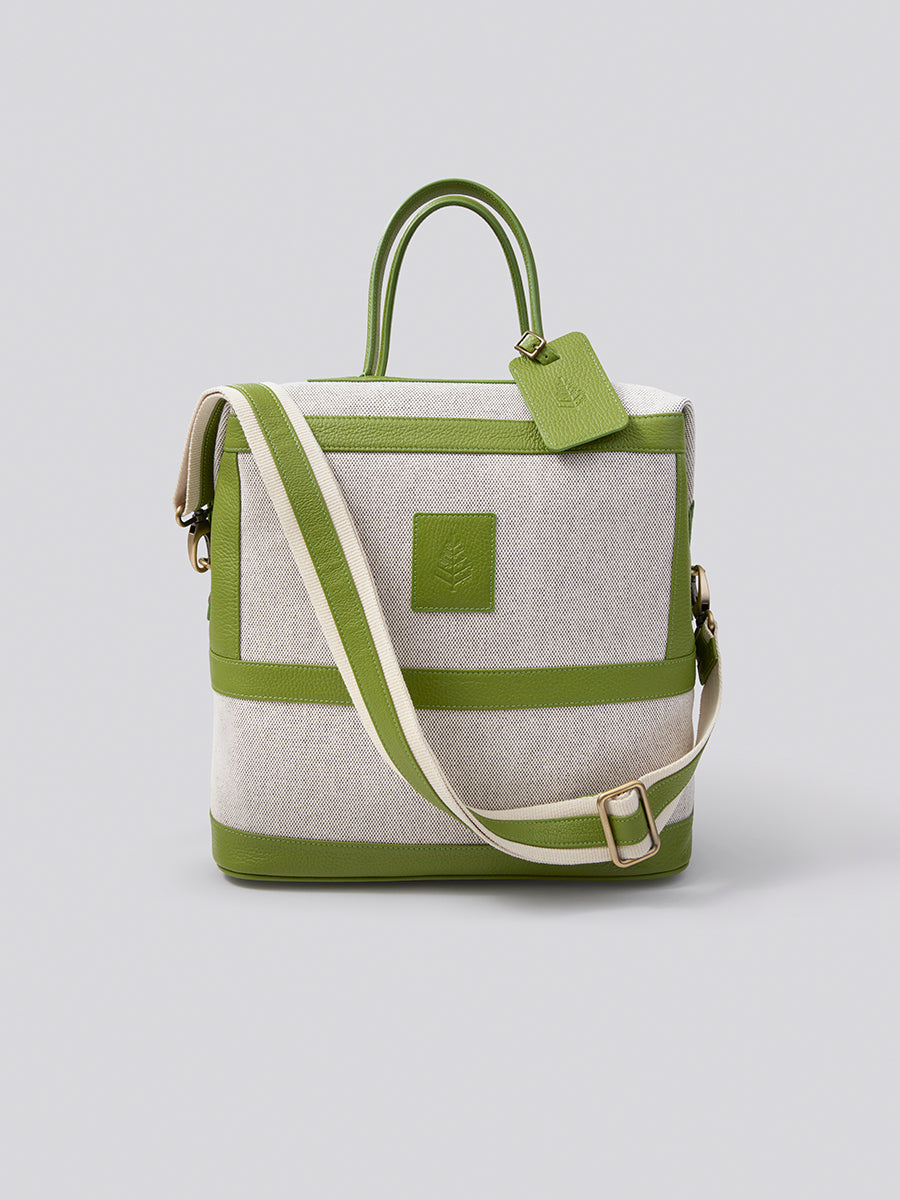 Four Seasons Steamer Bag, grey organic cotton toile, green Italian pebble grain leather, trolley strap, luxury travel accessory