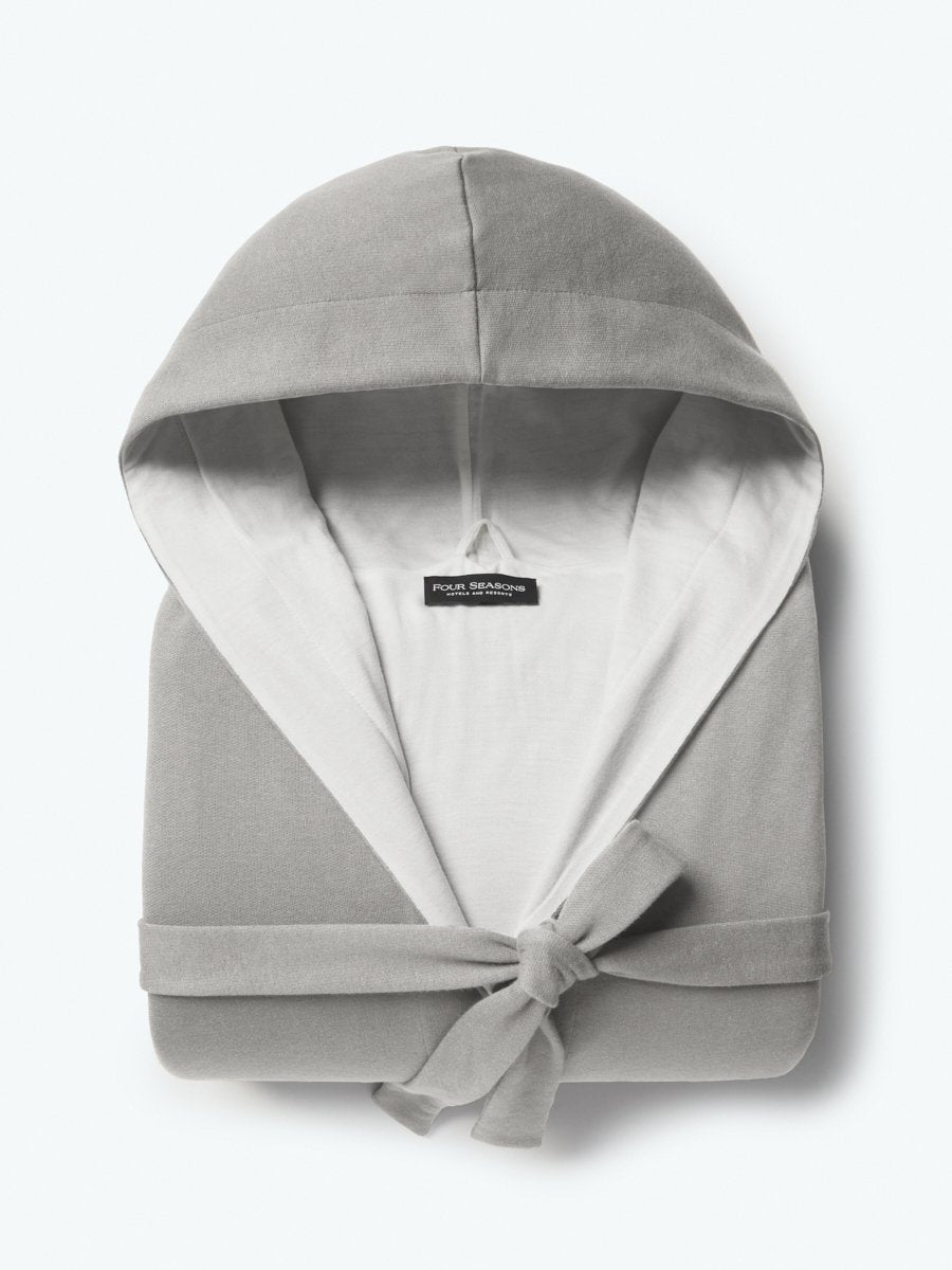 Four Seasons Hooded Robe, mid-length, bamboo cotton interior, grey exterior, neutral colorway, Four Seasons tree motif embroidered, soft and stylish