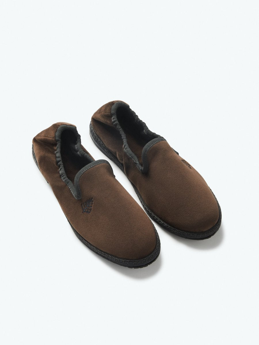 Four Seasons velvet slippers, dark brown, hand-stitched, embroidered with tonal logo, sustainable rubber sole, versatile indoor-outdoor wear