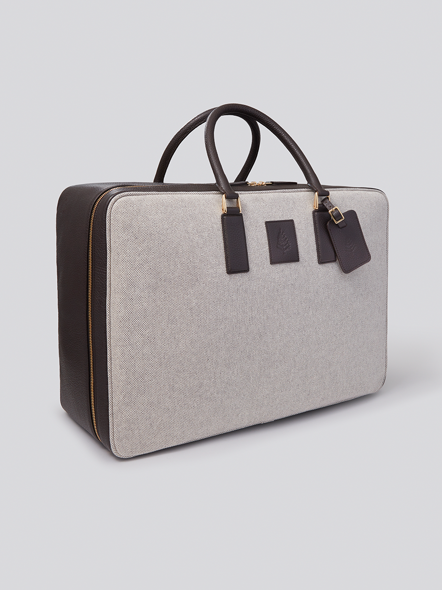 Four Seasons Valisette, grey organic cotton toile, brown Italian pebble grain leather, luxury travel bag